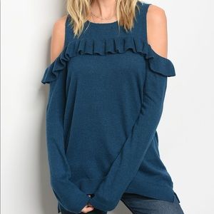 Teal Ruffled Cold-Shoulder Sweater